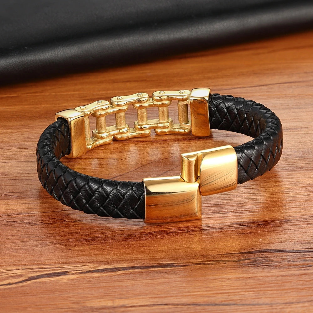 Bicycle Chain Leather Bracelet