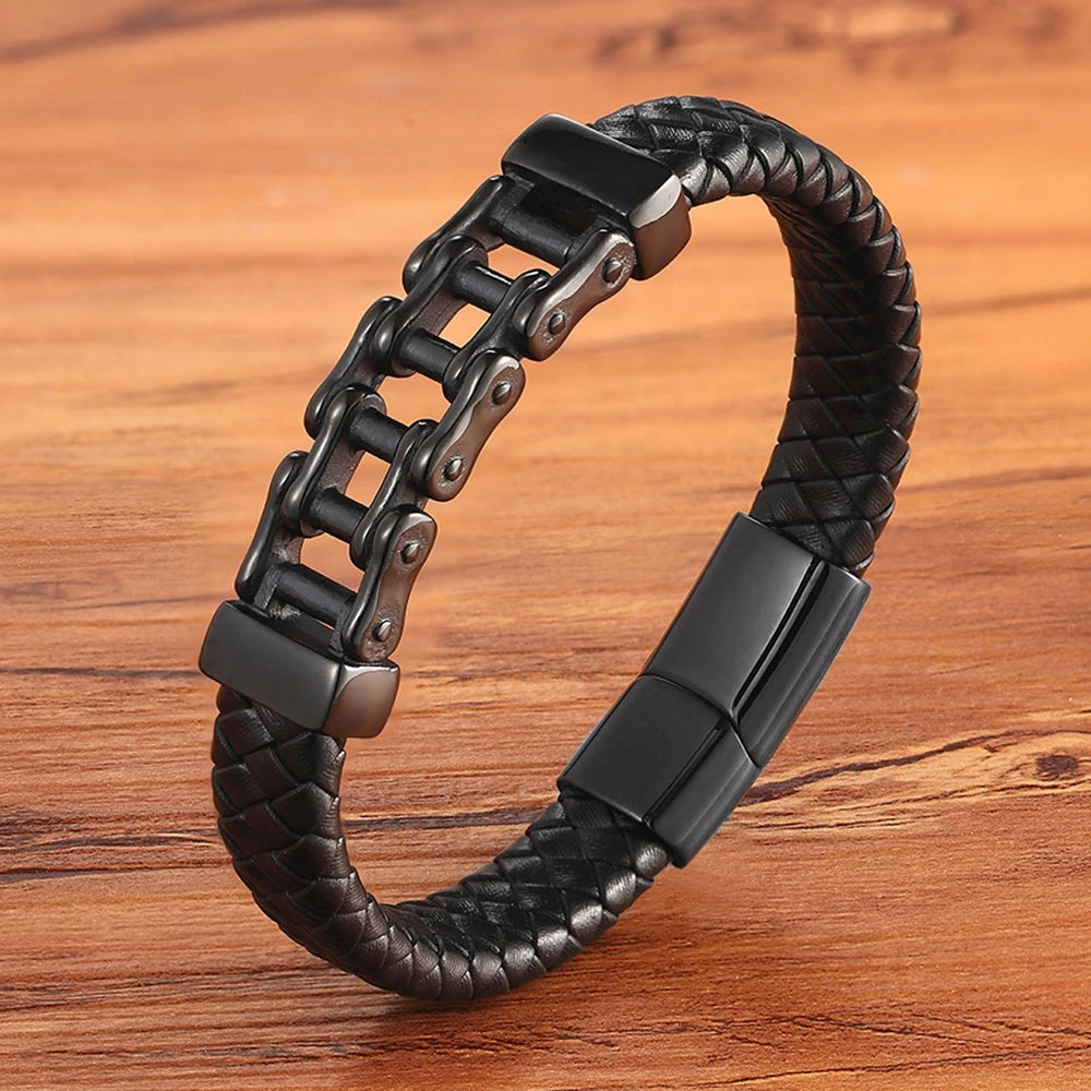 Bicycle Chain Leather Bracelet