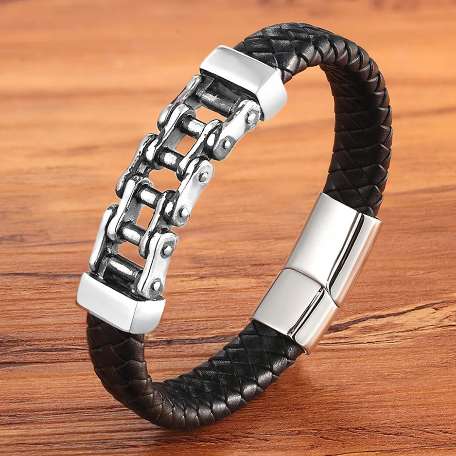 Bicycle Chain Leather Bracelet