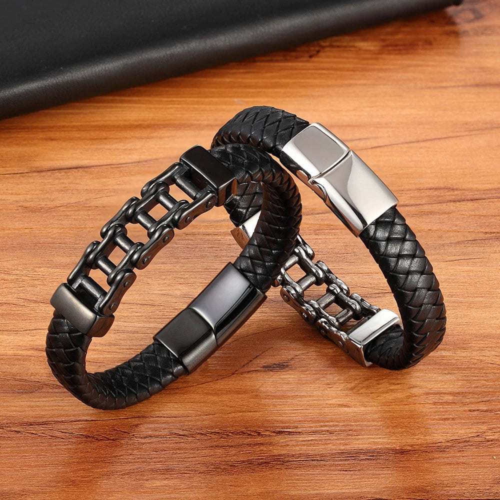 Bicycle Chain Leather Bracelet