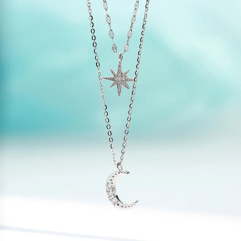 Sterling Silver Moon and Star Layered Necklace