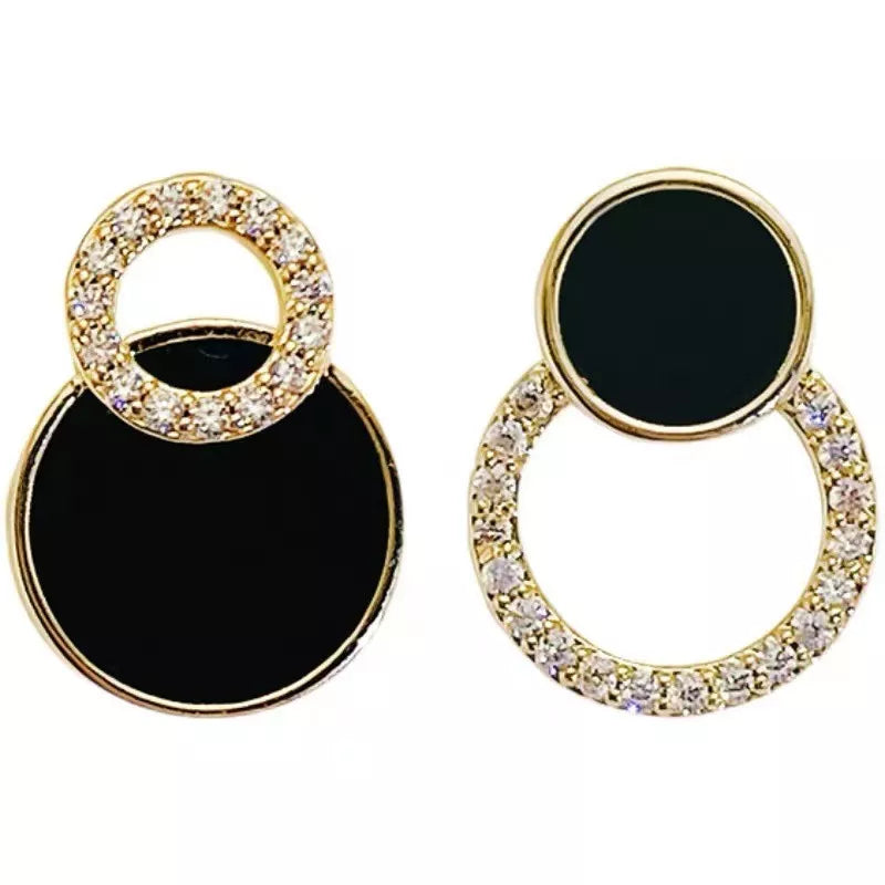 Asymmetrical Round Black Earrings with Rhinestones