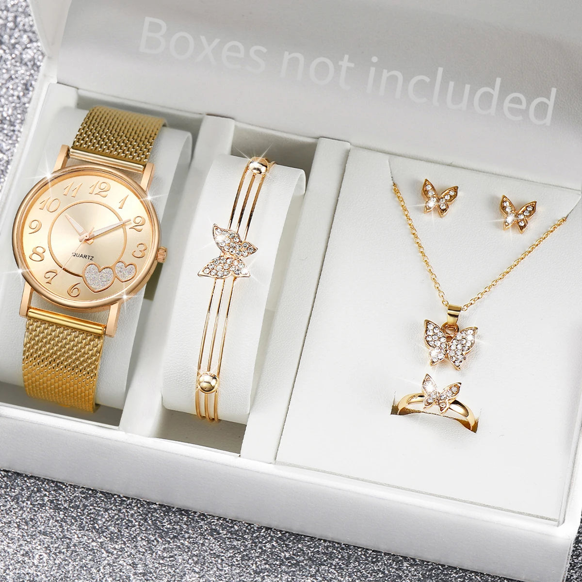 Diamond and Butterfly Quartz Watch 5 Piece Set