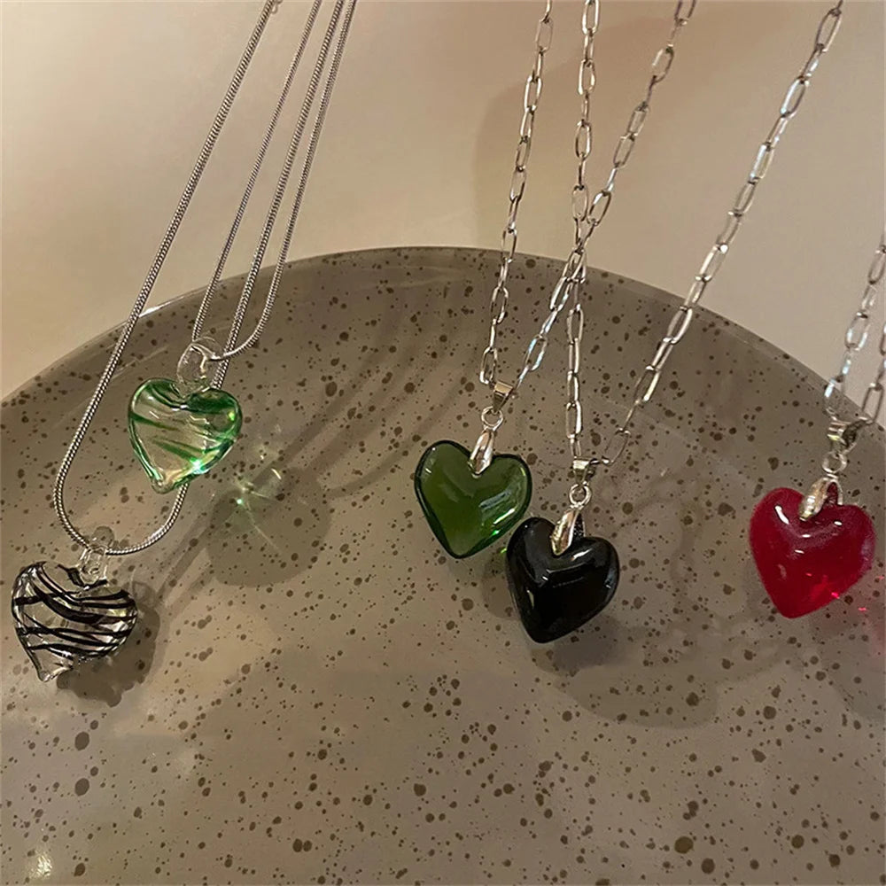 Glass Heart Pendant Titanium Steel Chain Necklace