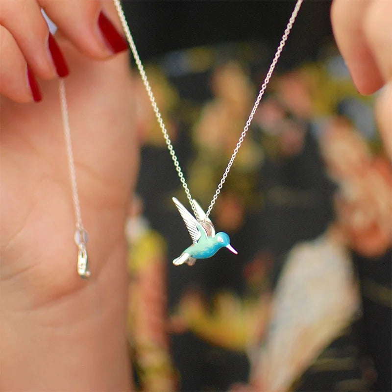 Delicate Blue Hummingbird Pendant Necklace