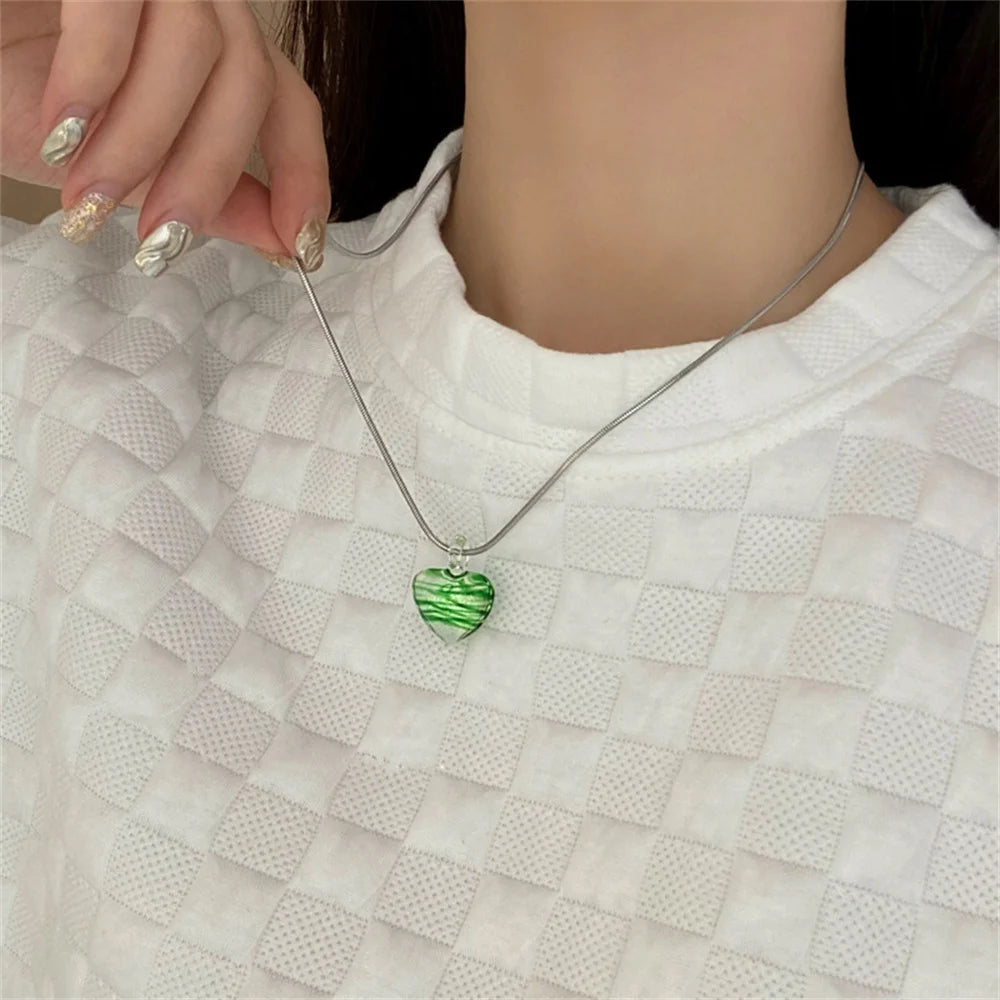 Glass Heart Pendant Titanium Steel Chain Necklace