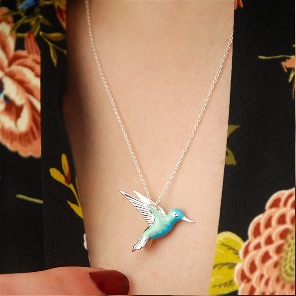 Delicate Blue Hummingbird Pendant Necklace