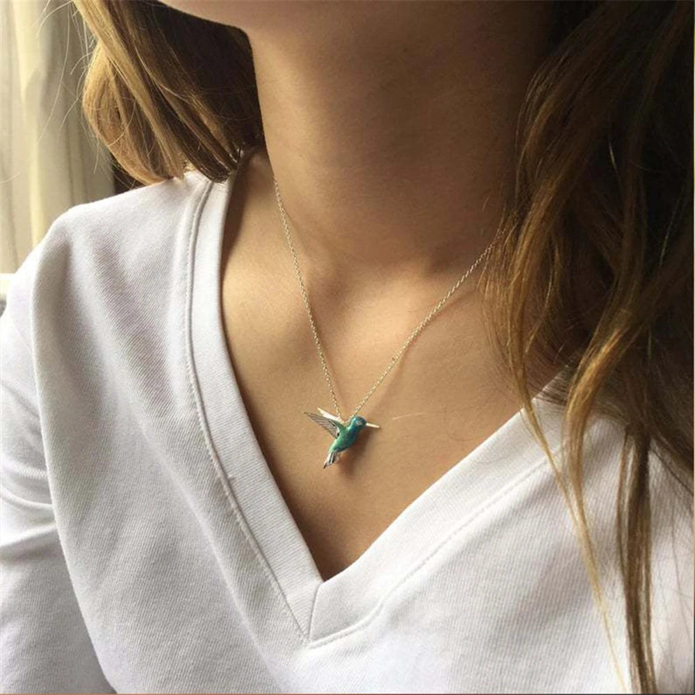 Delicate Blue Hummingbird Pendant Necklace